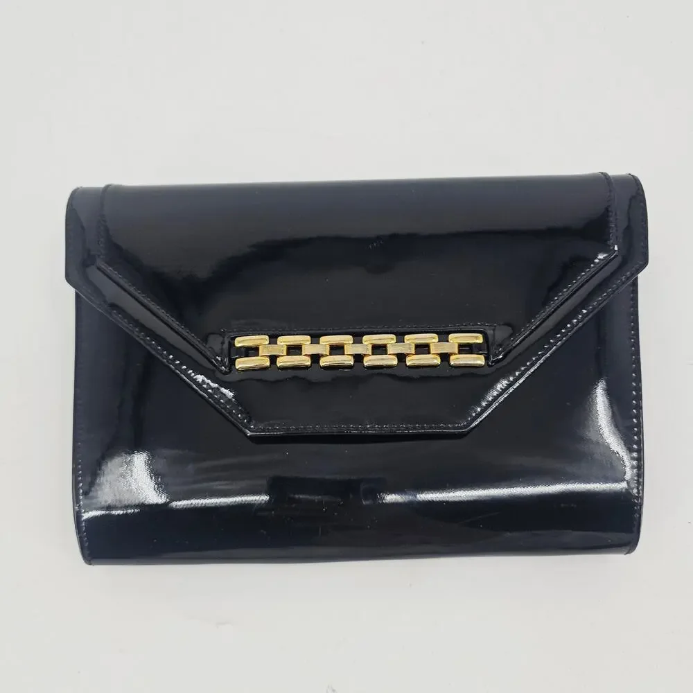 1960s Mod Style Clutch Cocktail Glamour Black Patent Clutch Purse Evening Bag